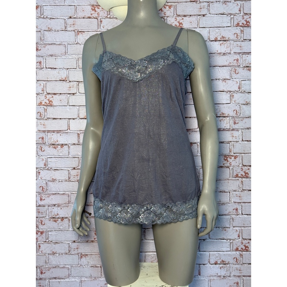 Vanity Womens XL Charcoal Grey Metallic Shimmer Lace Trim Camisole Layering Top